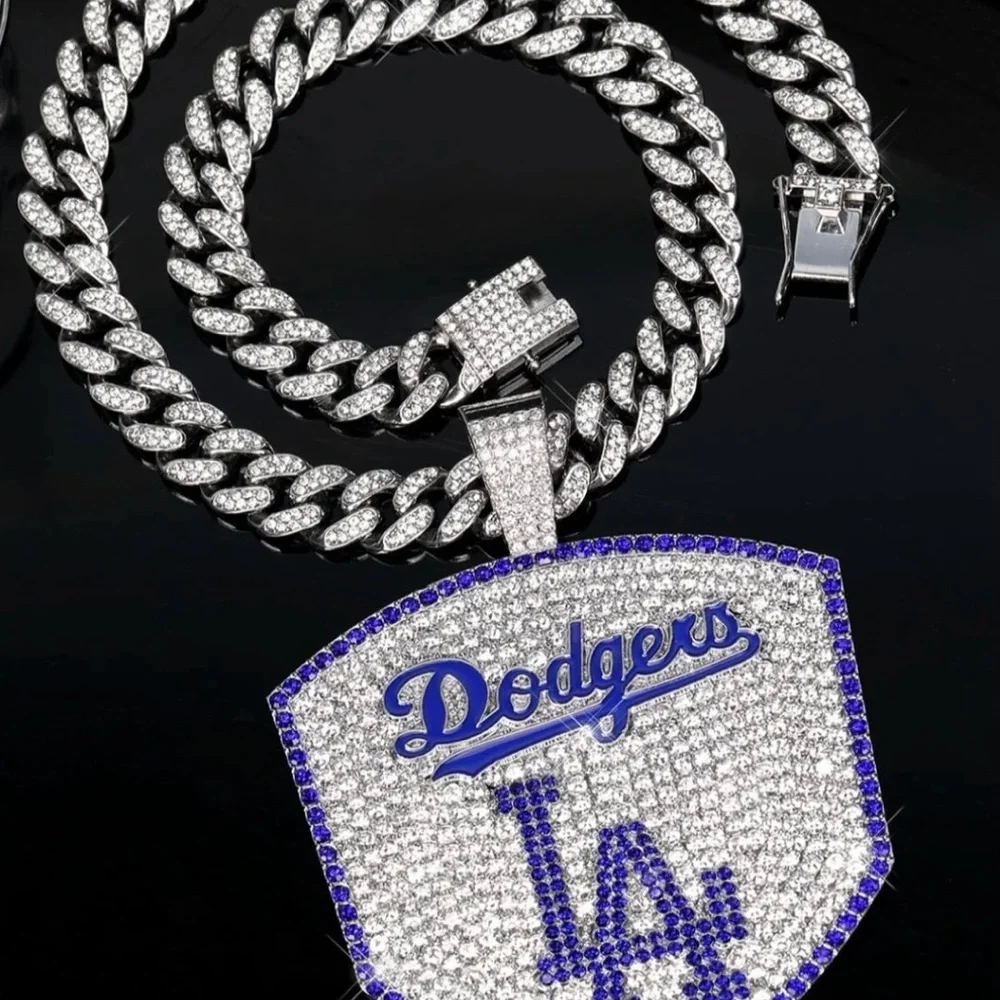 Iced Out Cuban Chain Rhinestone Large Pendant Necklace LA DODGERS MENS 20” Chain
